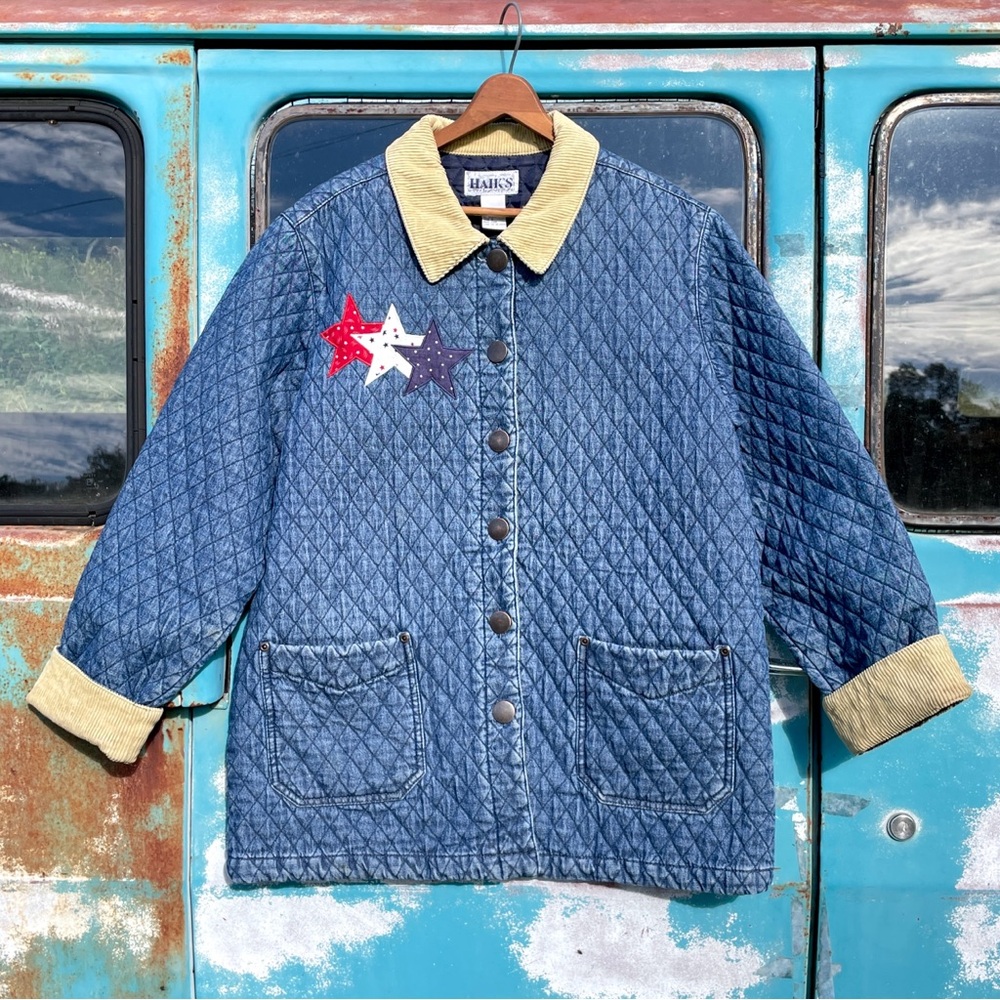Haik’s Quilted Denim Chore Jacket with Star Patches women’s size Large